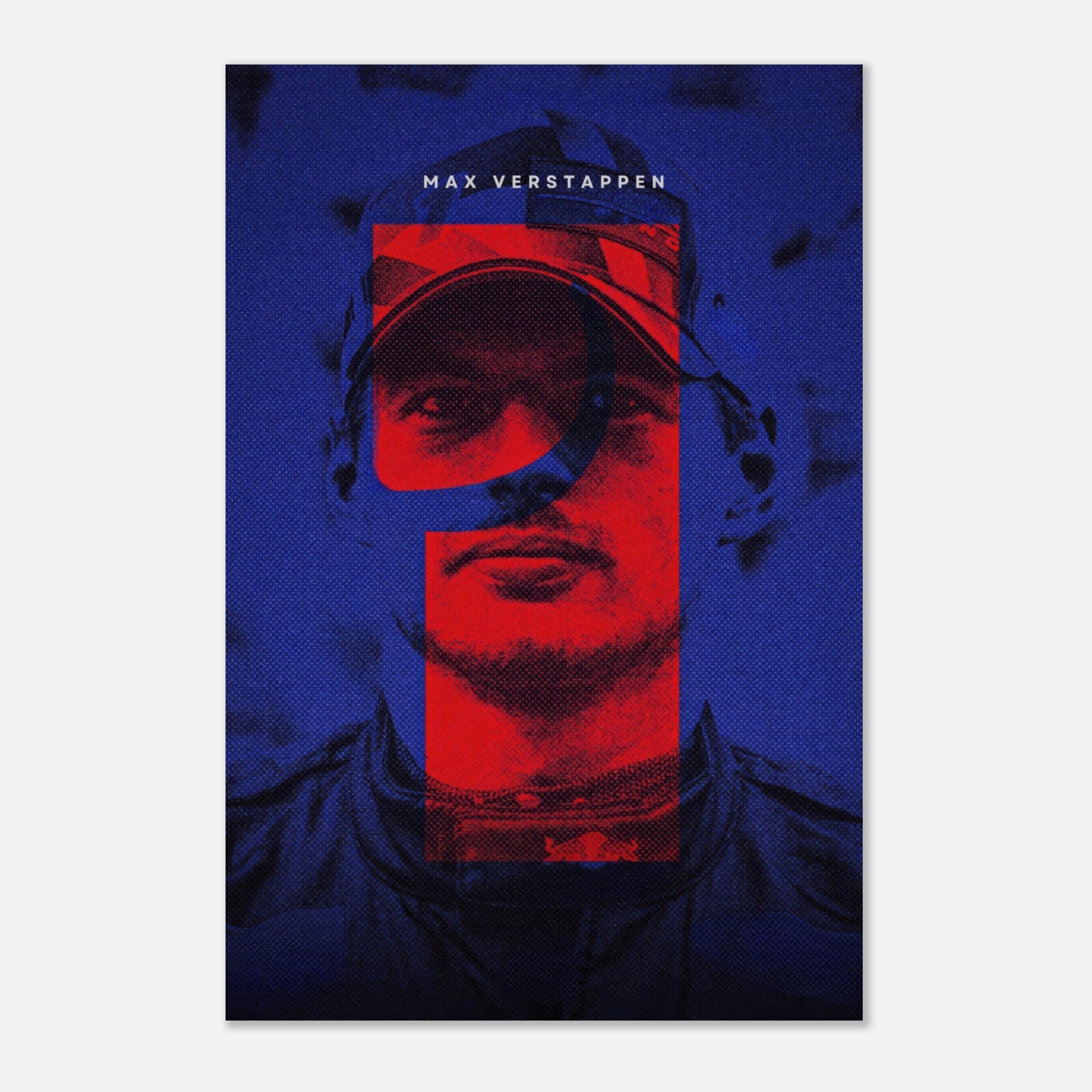 Max Verstappen metal print featuring bold colors and modern design, perfect for F1 fans and wall art enthusiasts.