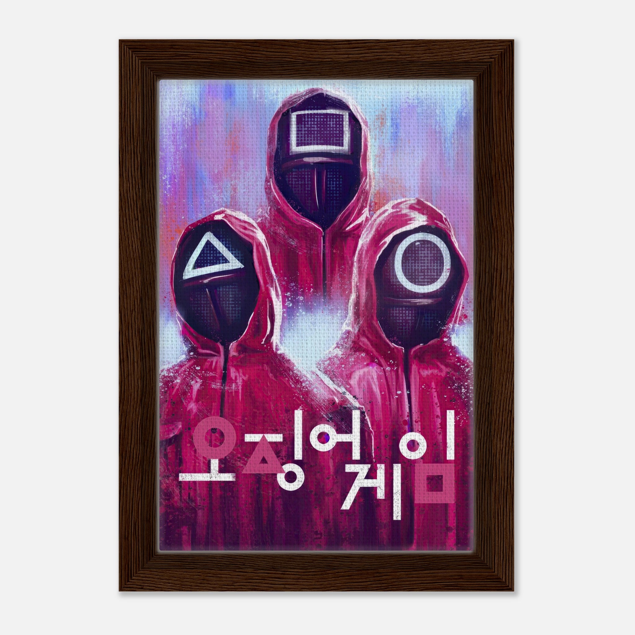 Squid Game framed canvas print featuring masked guards in red uniforms and geometric symbols, vibrant art for fans.