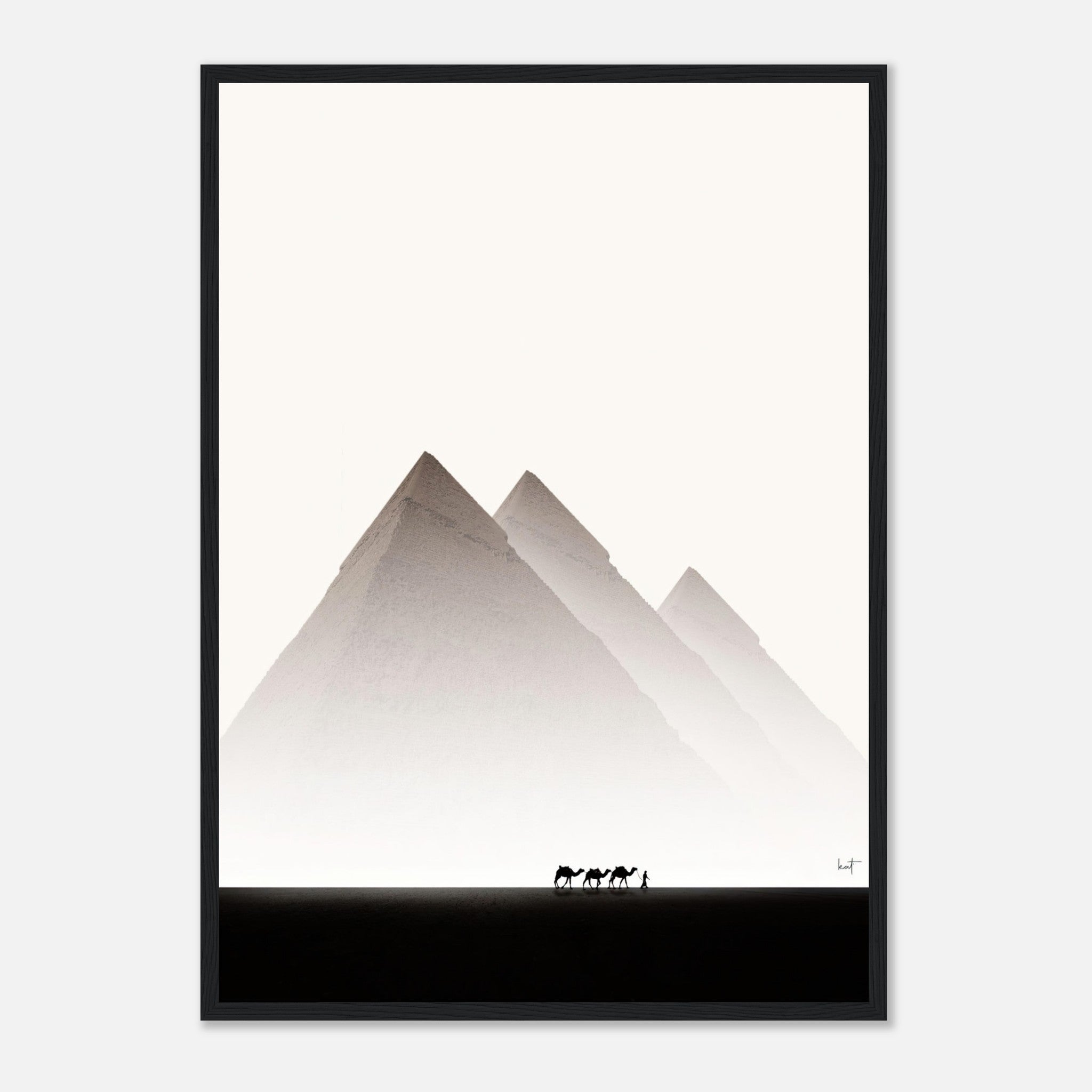 Framed print of the Pyramids of Giza with a camel caravan in a minimalist desert landscape.