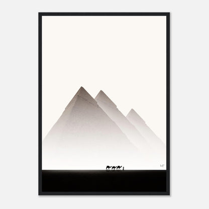 Framed print of the Pyramids of Giza with a camel caravan in a minimalist desert landscape.