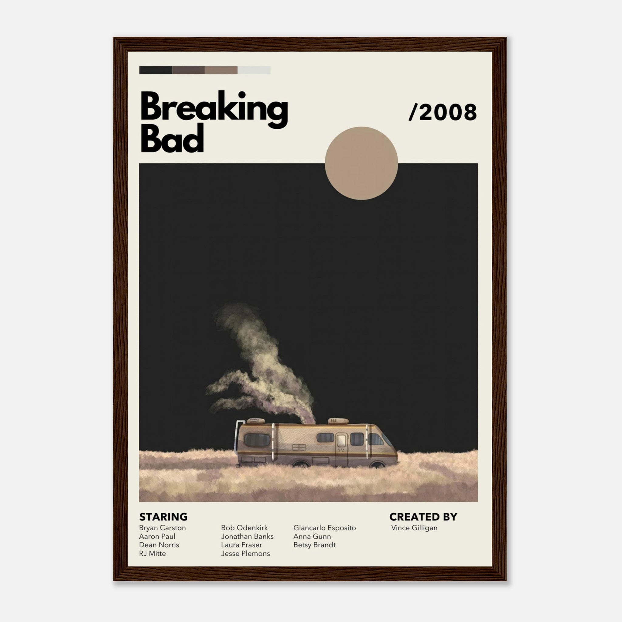 Vintage RV Breaking Bad framed print featuring iconic RV in desert, minimalist design with warm tones.