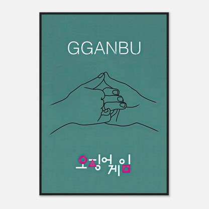 GGANBU Squid Game framed print featuring a minimalist handshake design on a teal background.