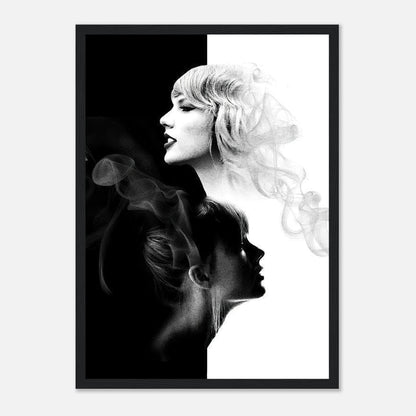 Taylor Swift Black & White framed print featuring dual-portrait design with elegant light and shadow elements.