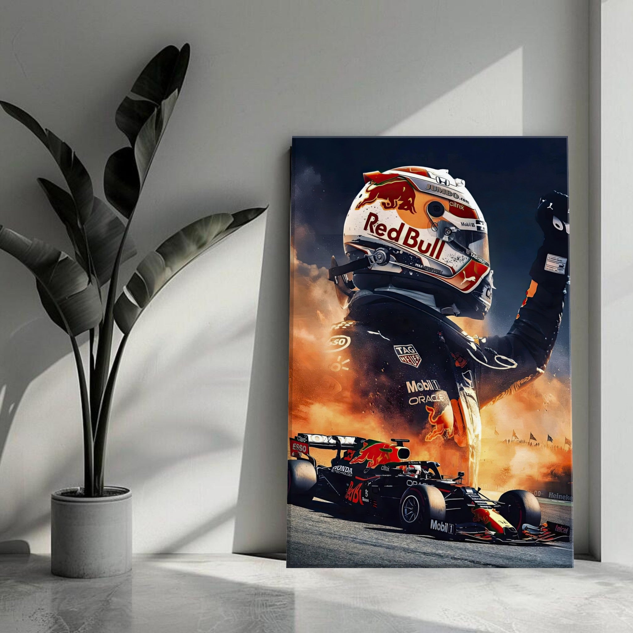 Max Verstappen Red Bull canvas artwork depicting victory and excitement in Formula 1 racing, perfect for modern wall decor.