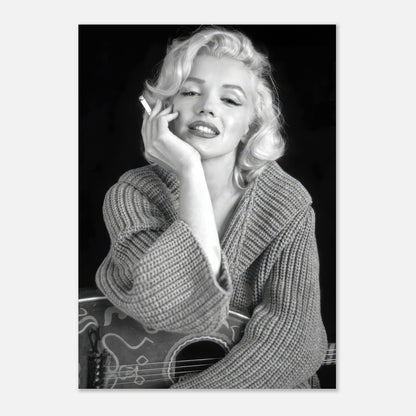 Marilyn Monroe smoking a cigarette in a cozy sweater, captured in a striking black-and-white poster.