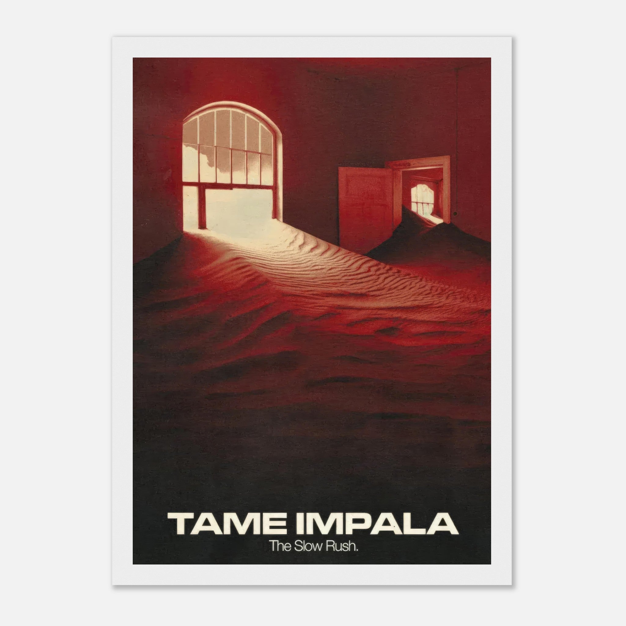 Framed print of Tame Impala's album The Slow Rush, featuring surreal imagery and warm red tones.