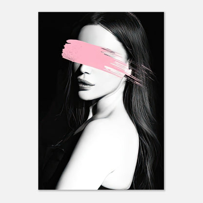 Pink Blindness poster featuring a monochrome portrait with a bold pink brushstroke obscuring the eyes, modern art decor.