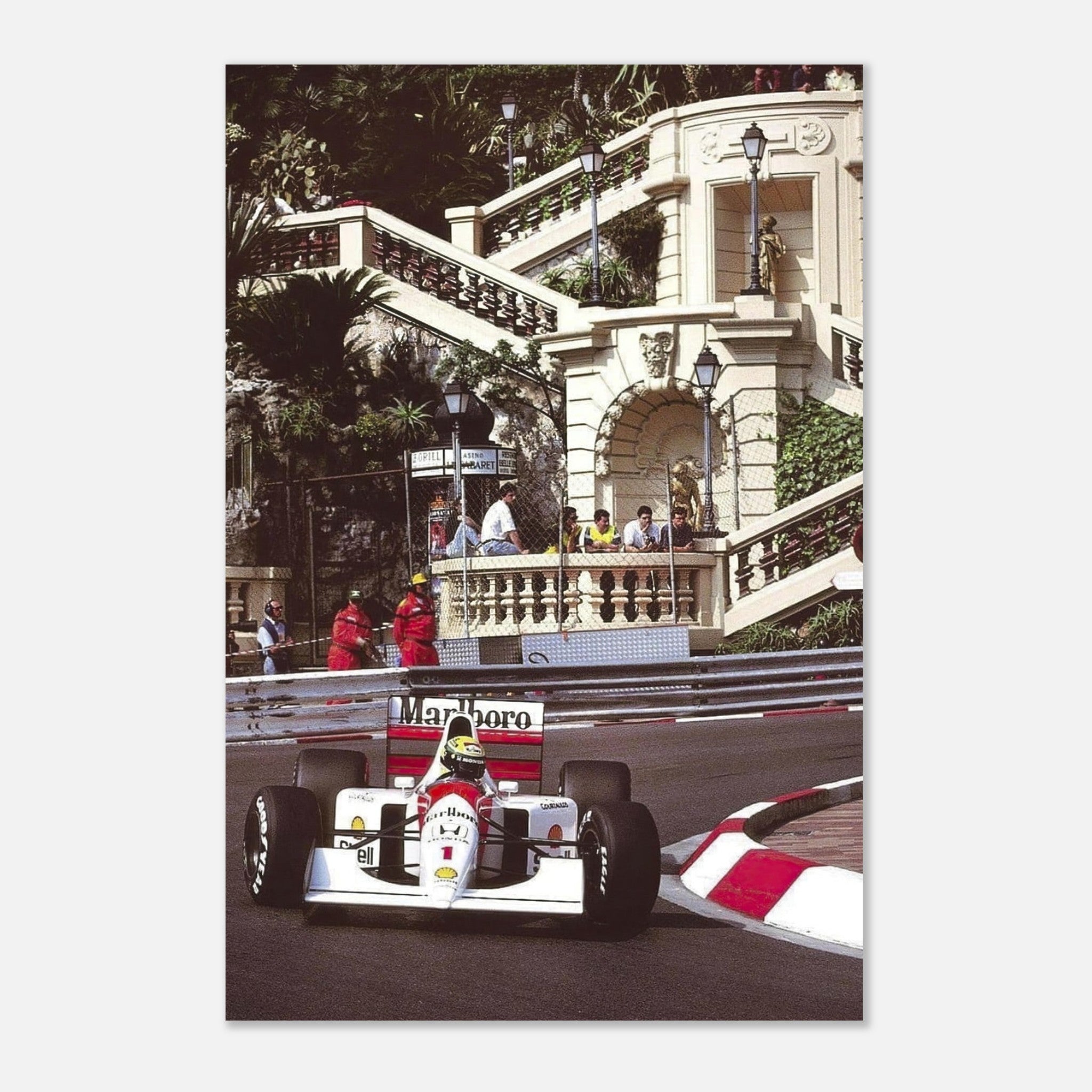 Ayrton Senna racing in Monaco, captured in vibrant detail on a metal print, showcasing Formula 1 speed and excitement.