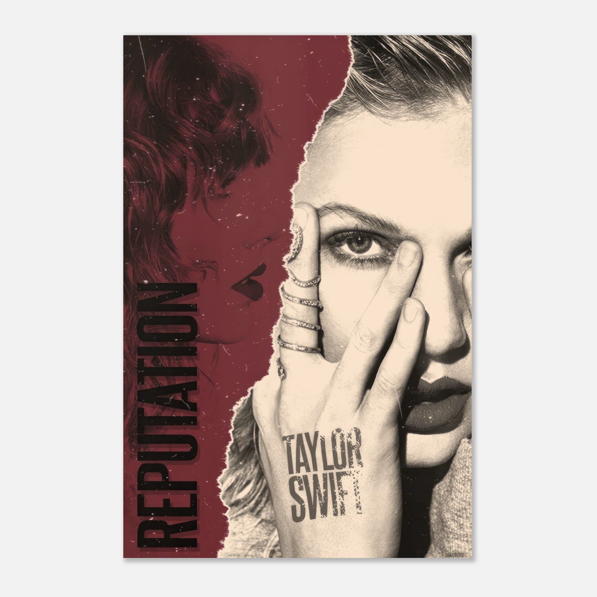 Taylor Swift Reputation metal print featuring bold imagery and artistic design for modern wall décor.