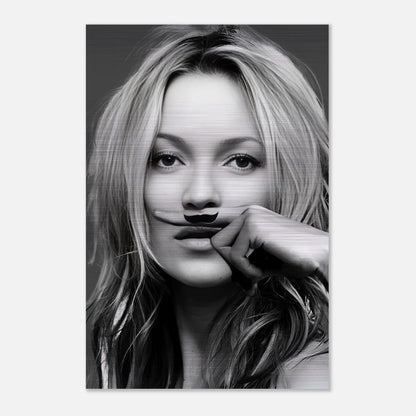 Kate Moss Mustache artwork in brushed metal, showcasing a bold and stylish design for modern decor.