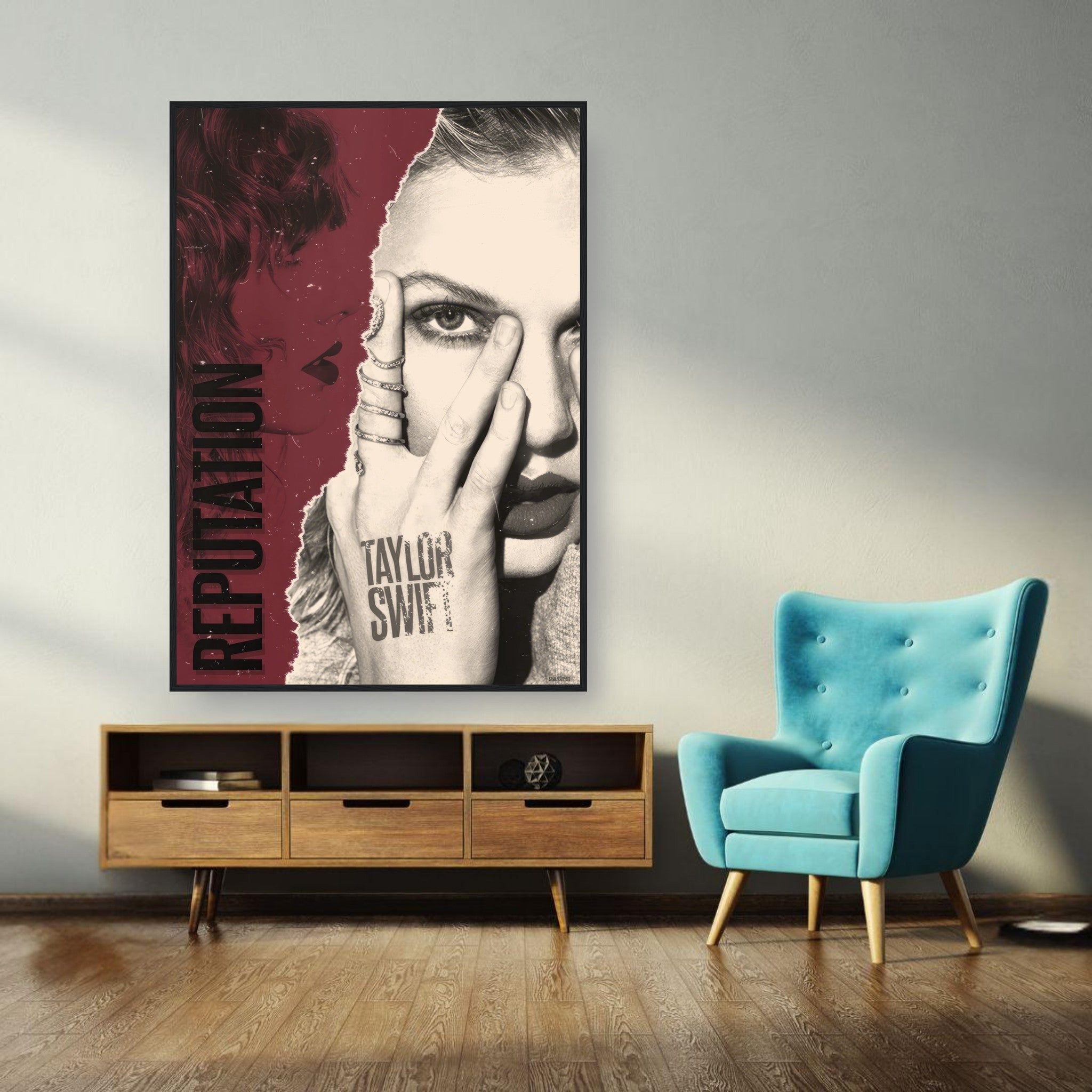 Taylor Swift Reputation framed print showcasing bold design and edgy transformation in a stylish living room setting.