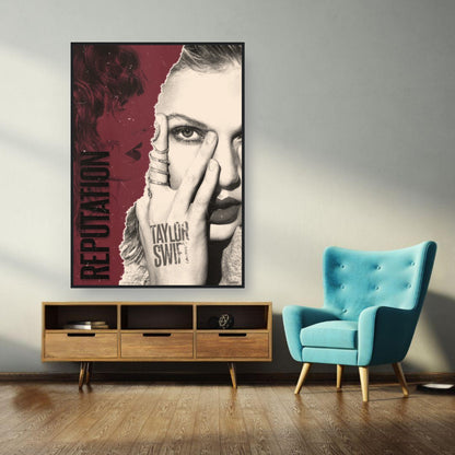 Taylor Swift Reputation framed print showcasing bold design and edgy transformation in a stylish living room setting.