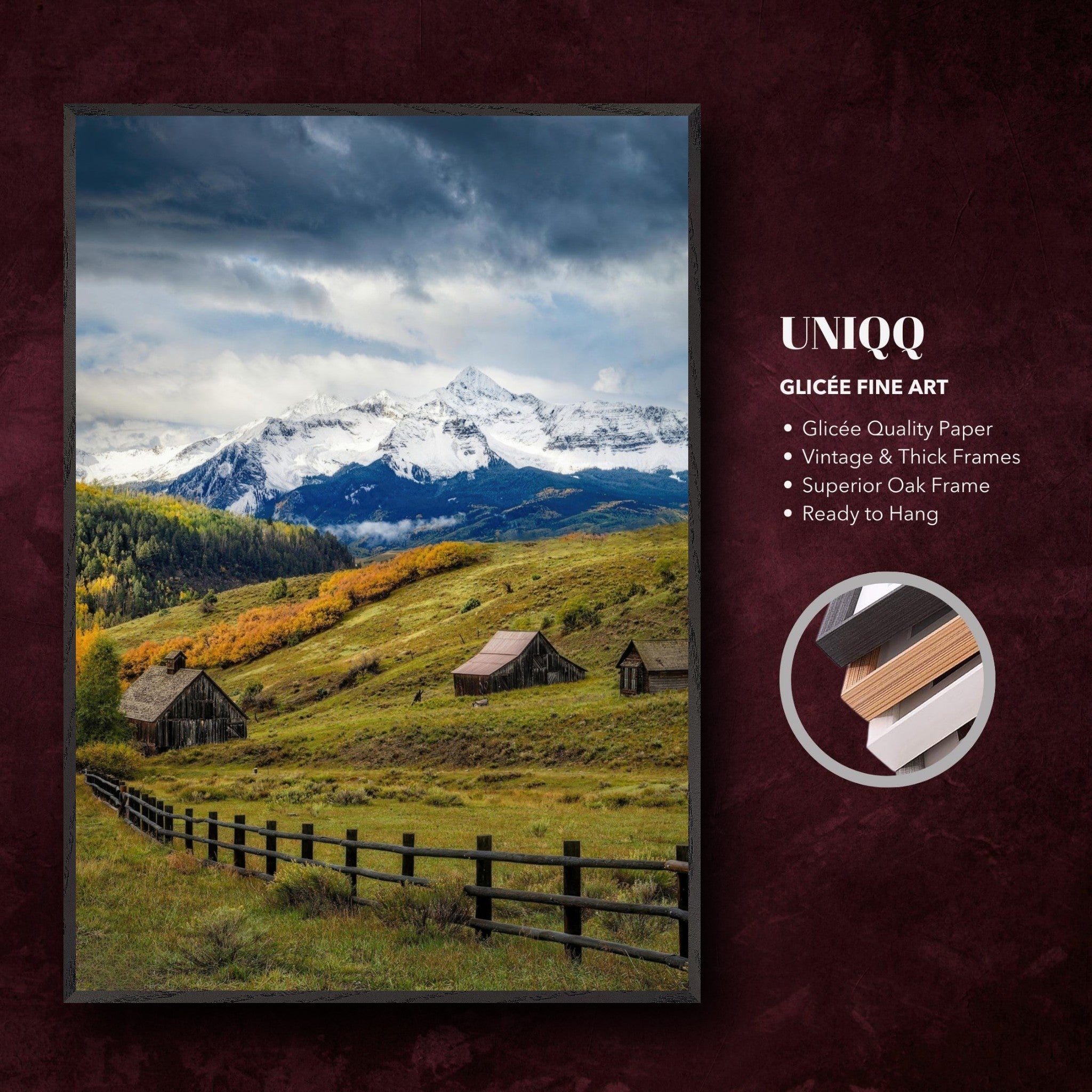 Framed Giclée fine art print of Telluride, Colorado featuring rustic barns and snow-capped peaks. Ready to hang.