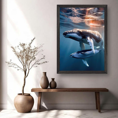 Vintage framed print of a humpback whale and calf underwater, showcasing ocean beauty and grace.