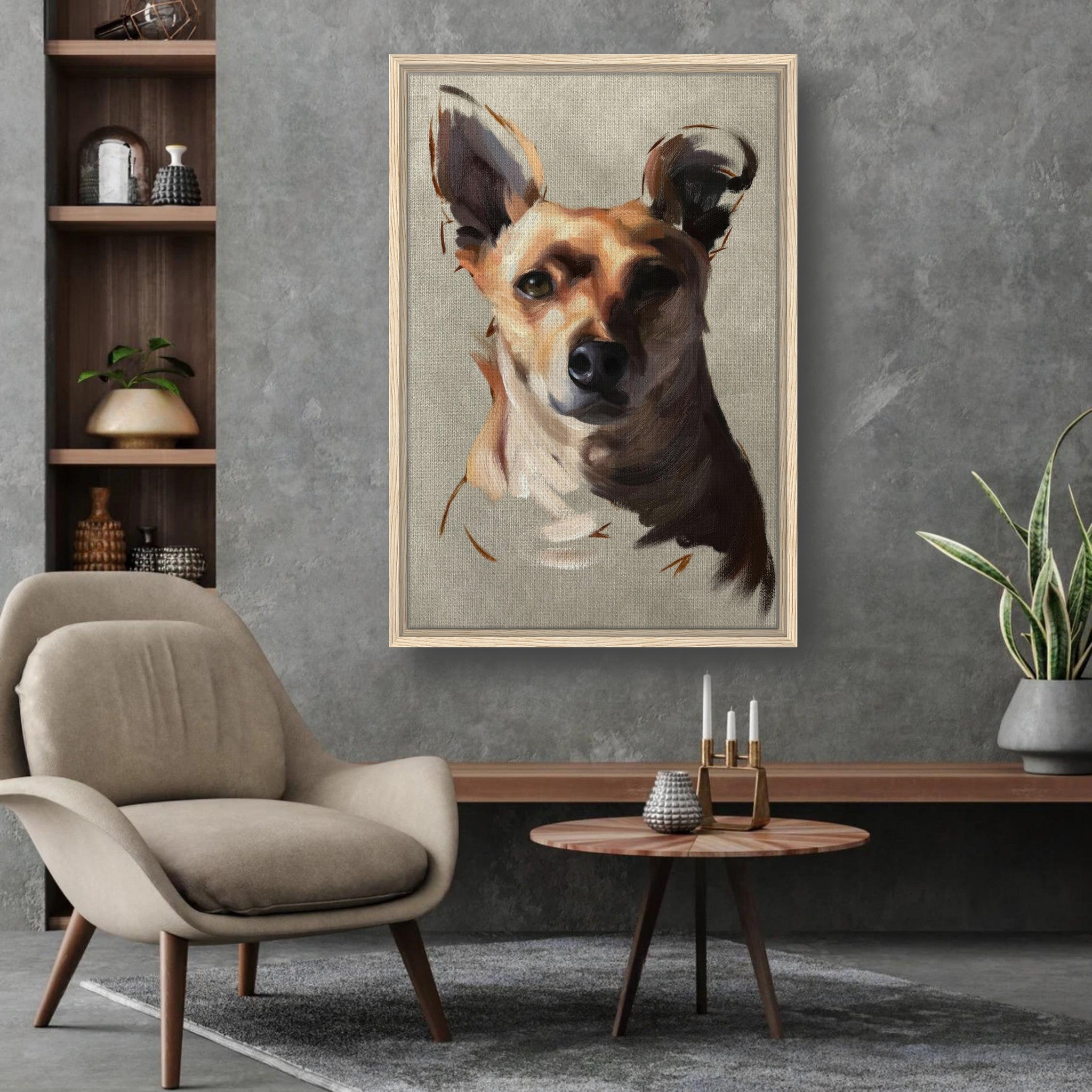 Framed canvas print of a Chihuahua dog painting on a wall in a stylish living room setting.