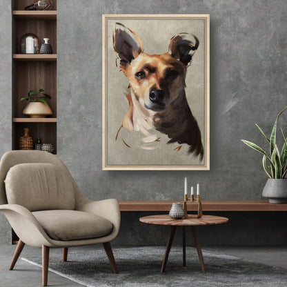 Framed canvas print of a Chihuahua dog painting on a wall in a stylish living room setting.