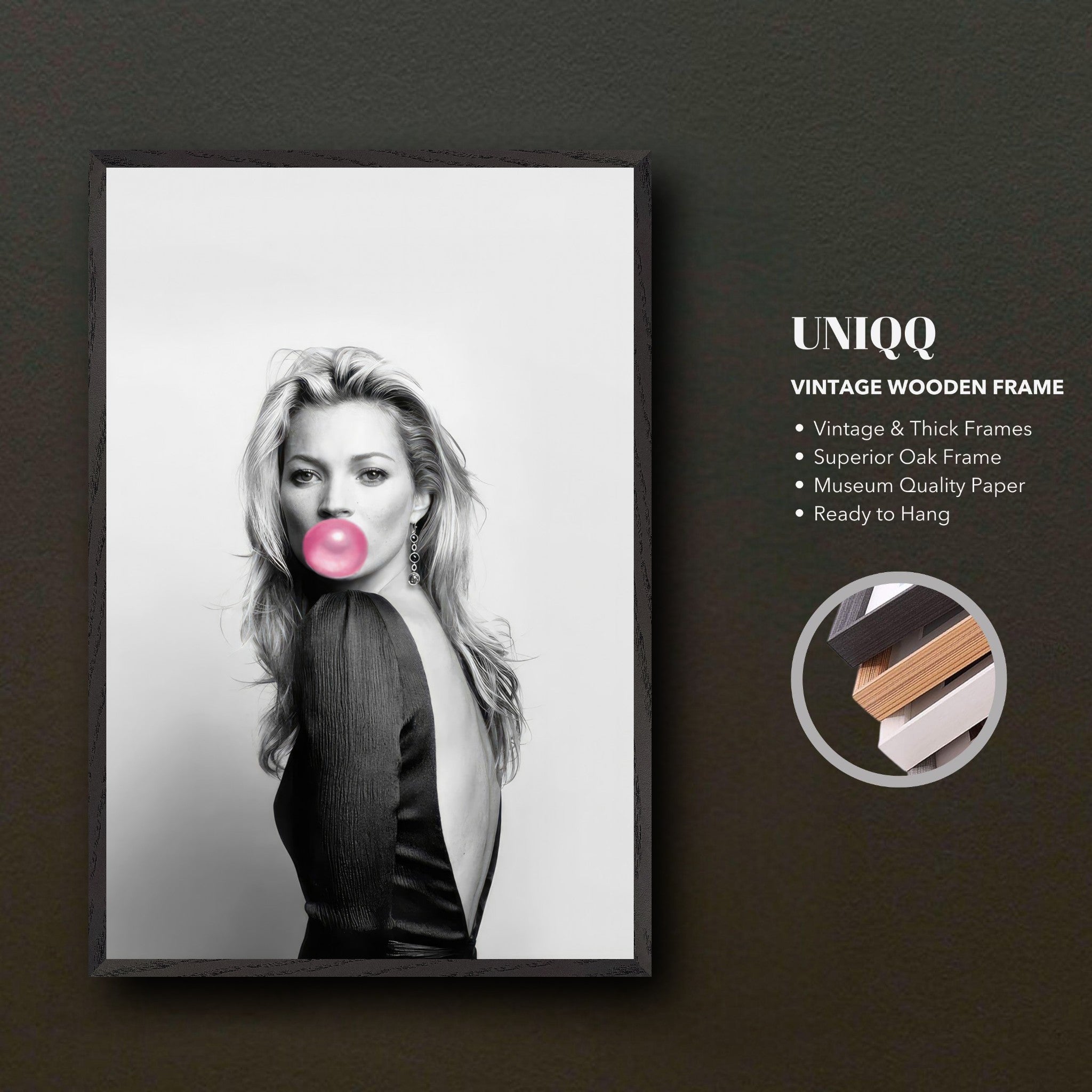 Vintage black-and-white portrait of a woman blowing bubble gum in a sleek wooden frame. Perfect for home decor.