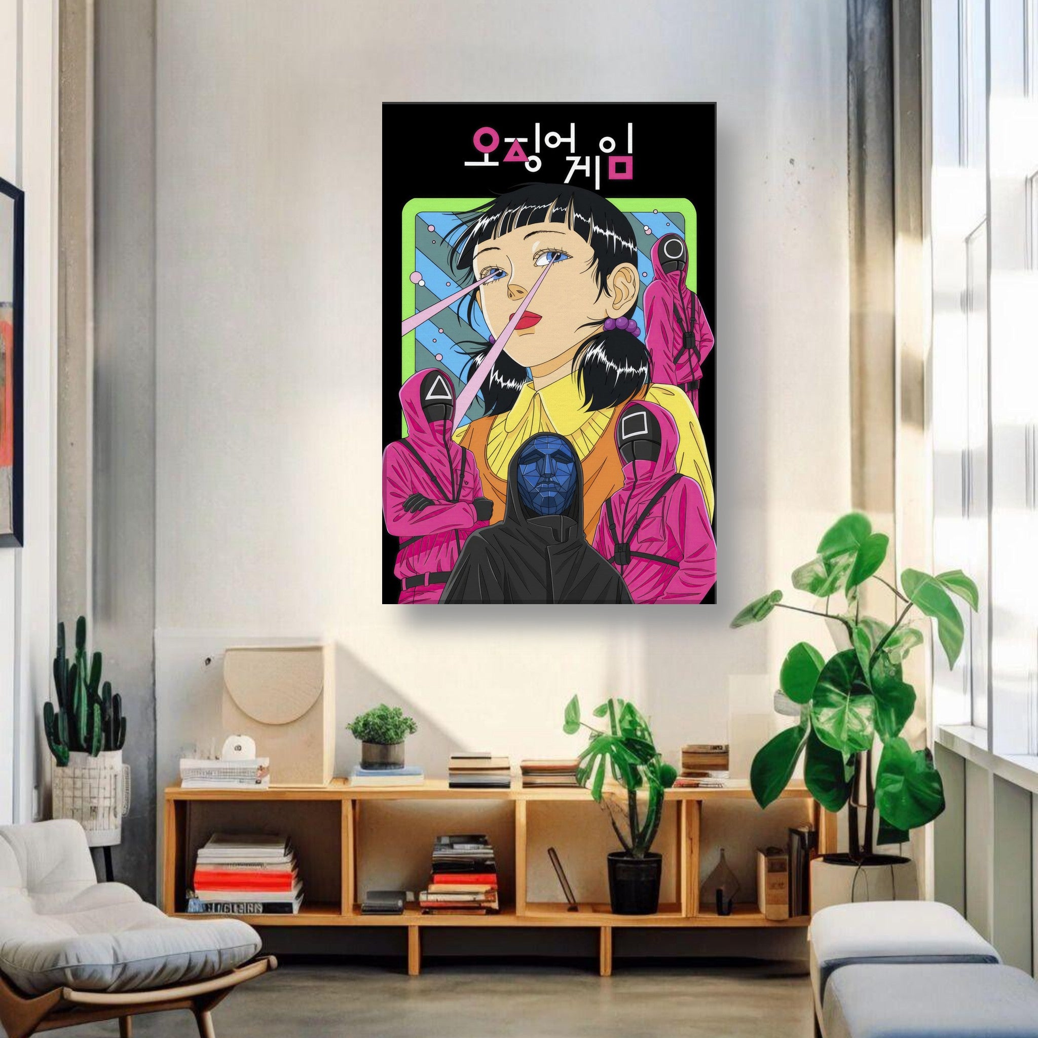 Squid Game Netflix canvas art featuring iconic characters and vibrant colors in a stylish living room setting.