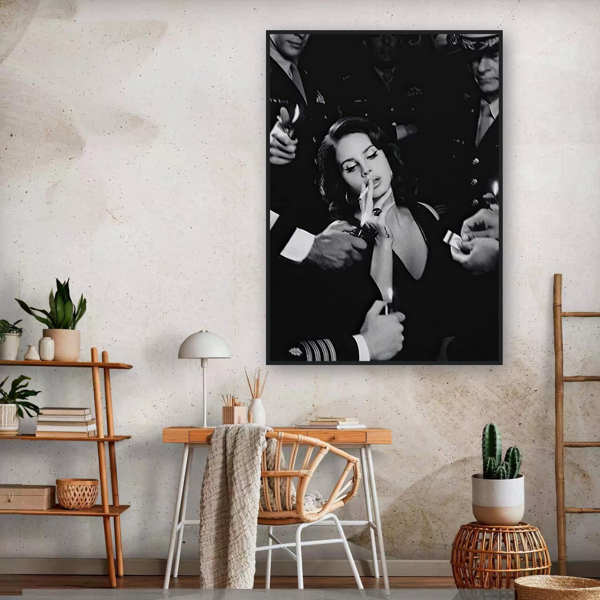 Lana Del Ray Smoking framed print showcasing a vintage Hollywood aesthetic in a stylish interior setting.