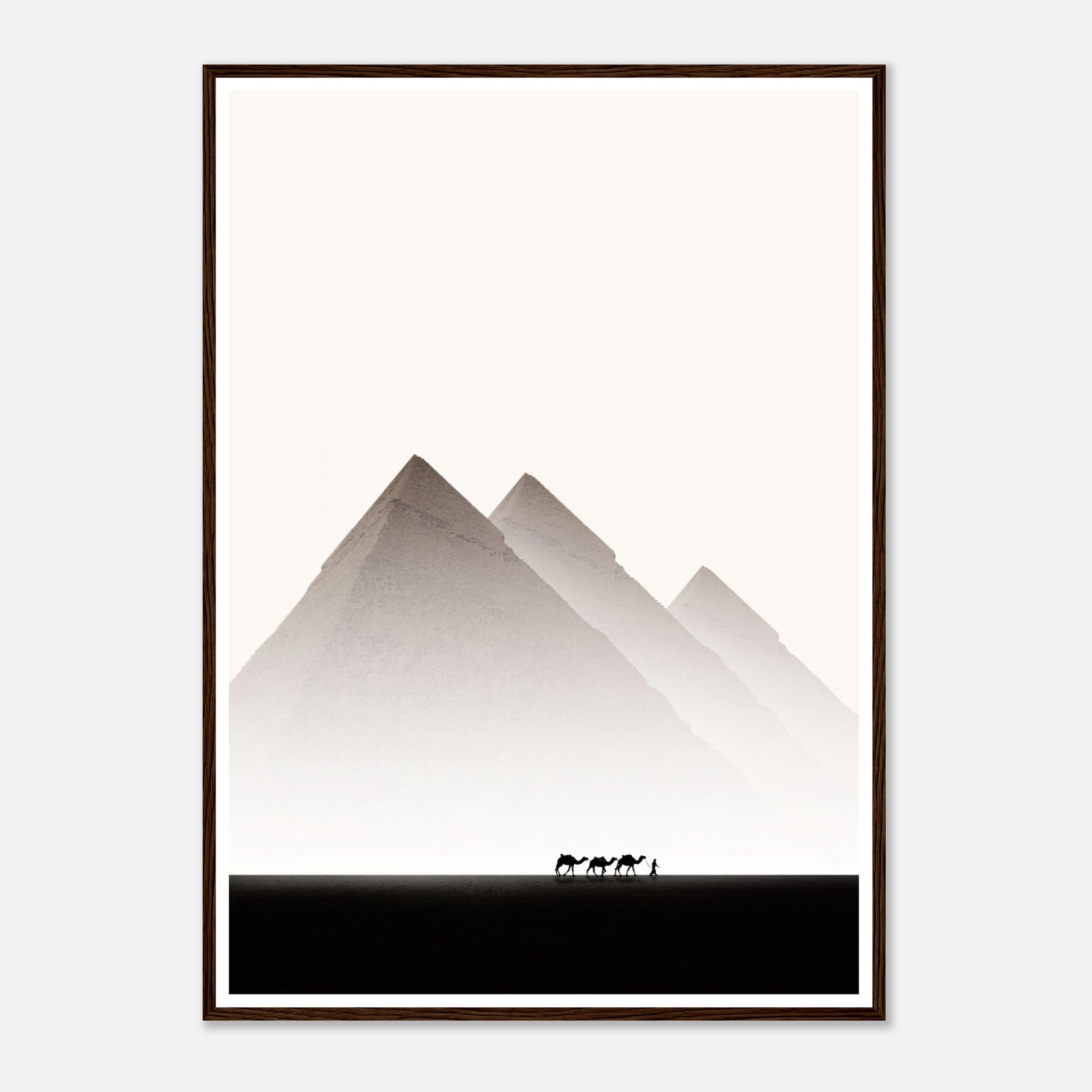 Pyramids of Giza framed print featuring silhouettes of camels against majestic pyramids in soft hues.