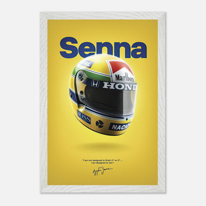 Vintage framed art of Ayrton Senna's iconic helmet on a bold yellow background, celebrating his racing legacy.