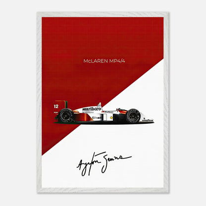 Vintage framed print of Ayrton Senna’s McLaren MP4/4 against a red and white background, featuring Senna's signature.