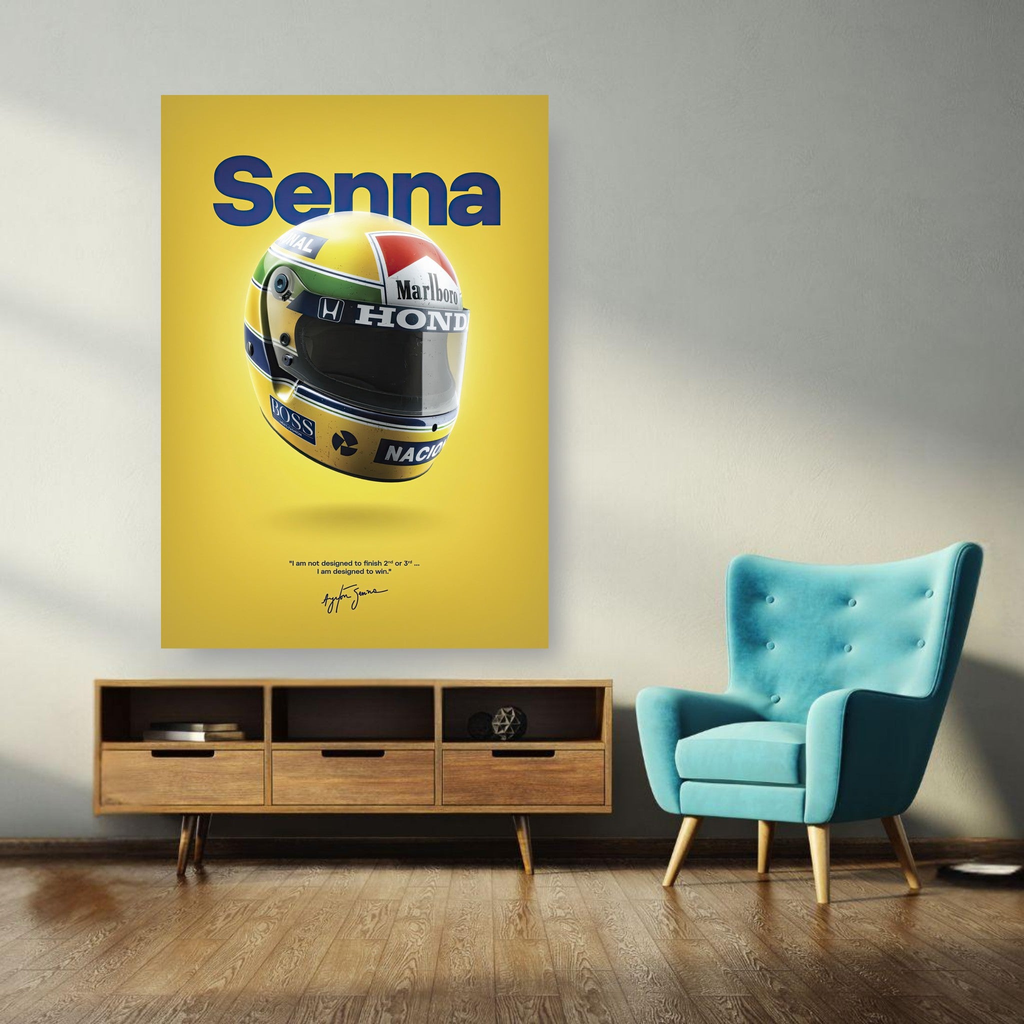 Ayrton Senna Helmet metal poster displayed in a stylish living room with blue chair and wooden furniture.