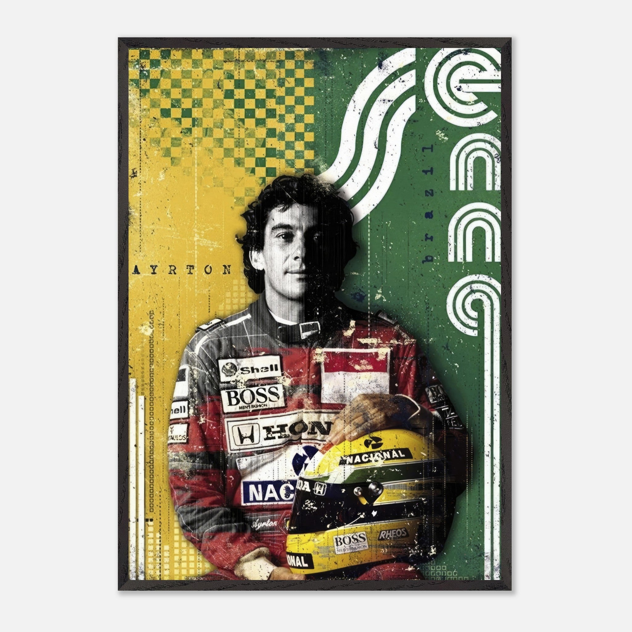 Ayrton Senna vintage framed print showcasing Brazilian colors and retro design, celebrating F1 racing legend.