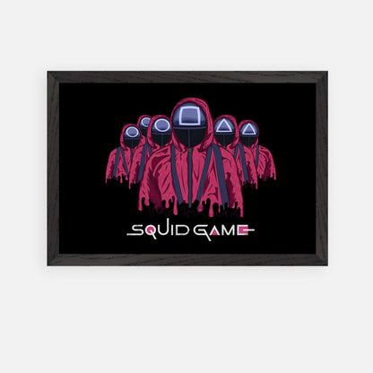 Squid Game Soldiers fine art print featuring masked guards in red uniforms, showcasing vibrant colors and sharp details.