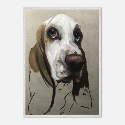 Basset Hound dog painting vintage framed print showcasing expressive brushstrokes and soulful gaze.