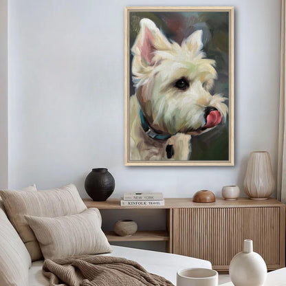 Framed canvas print of a West Highland White Terrier in a cozy living room setting.