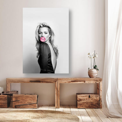 Kate Moss Bubble Gum poster in black and white with pink bubble, displayed in a stylish modern interior setting.