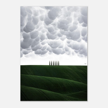 Toscana Italy poster featuring rolling green hills and iconic cypress trees under a dramatic cloud formation.