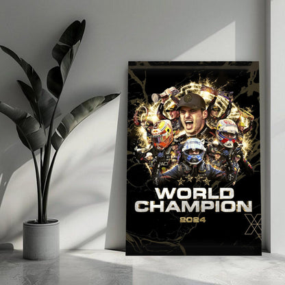 Max Verstappen 2024 F1 World Champion metal print artwork showcasing his triumphant moments in vibrant detail.