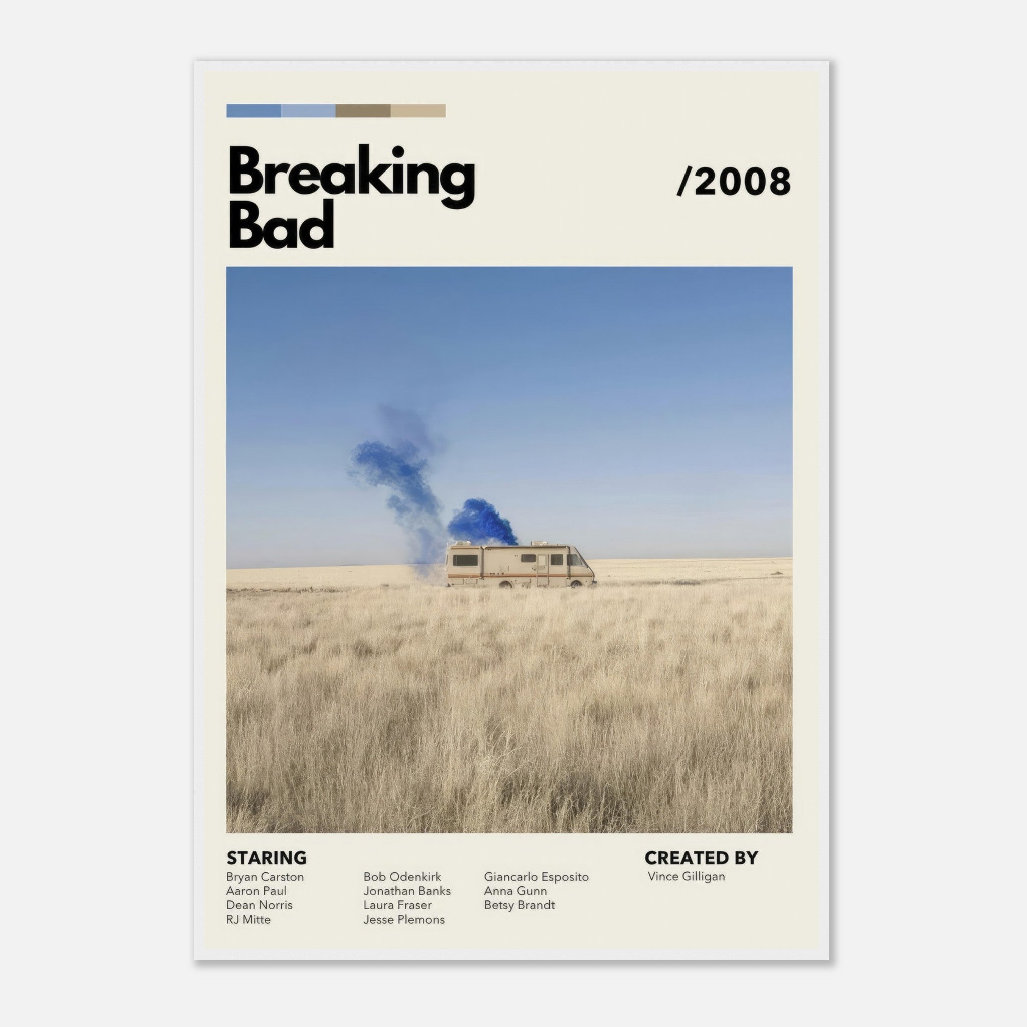 Framed print of Breaking Bad featuring vintage RV in the desert with blue smoke, inspired by the iconic series.