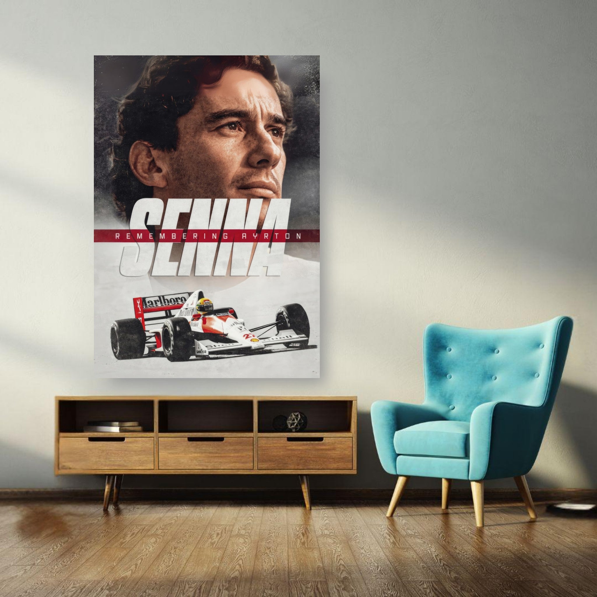 Ayrton Senna metal print art featuring his portrait and racing car in modern interior decor setting.