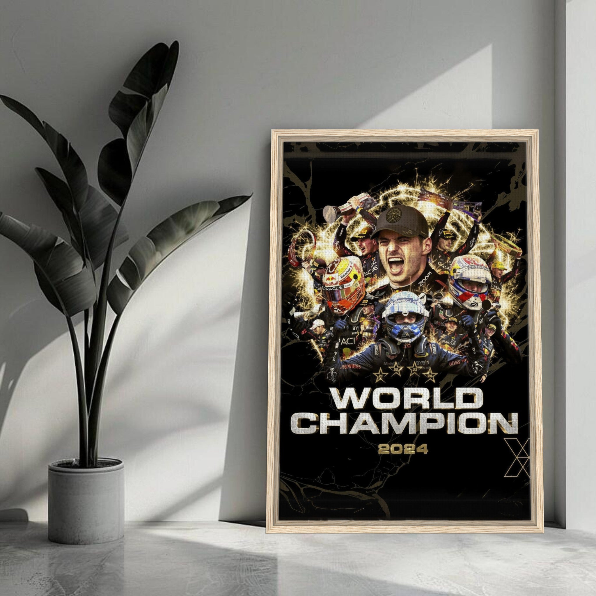 Framed canvas print celebrating Max Verstappen's 2024 F1 World Championship in vibrant colors and modern design.