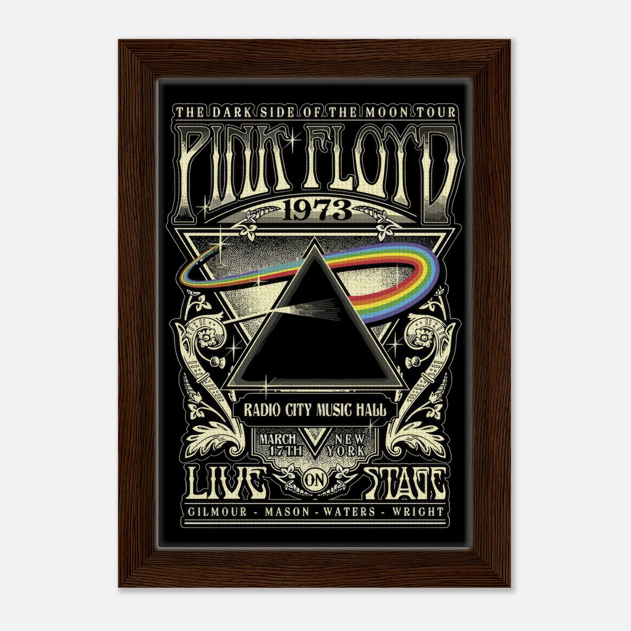 Pink Floyd - The Dark Side of the Moon tour poster framed print, featuring iconic prism design, 1973 Radio City Music Hall.