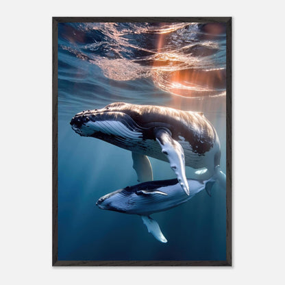 Underwater photograph of a humpback whale and calf, framed, showcasing ocean beauty and gentle giants.