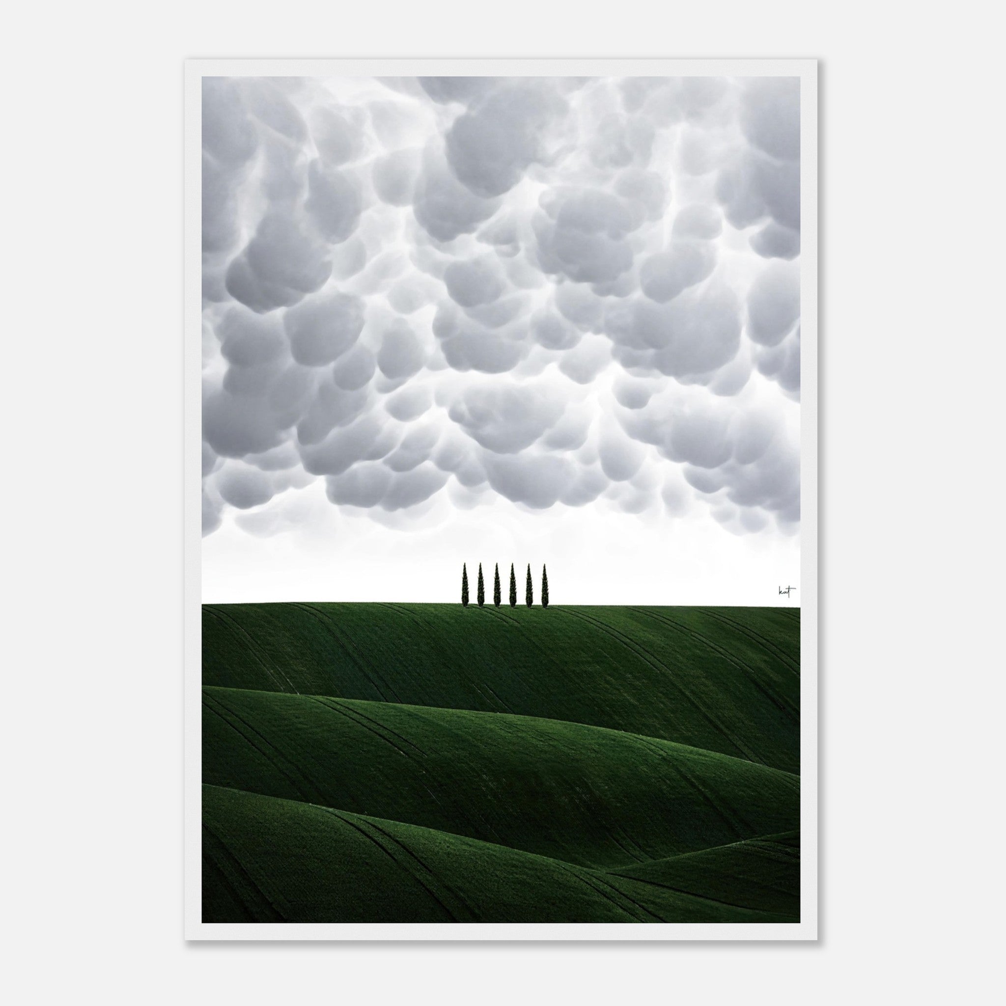 Toscana Italy framed print featuring rolling green hills and cypress trees under dramatic clouds. Perfect for home decor.