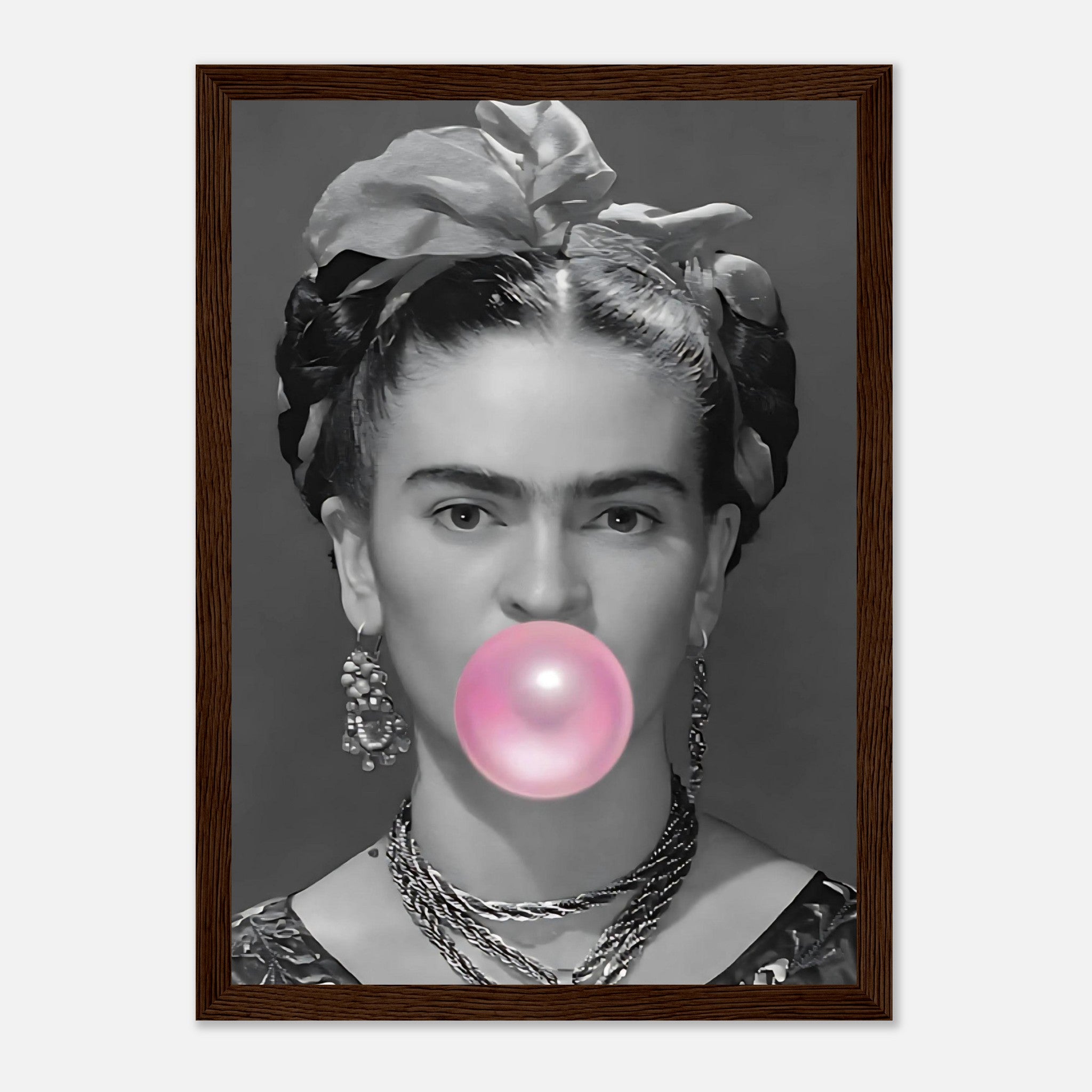 Frida Kahlo Bubble Gum framed print featuring black and white portrait with vibrant pink bubble gum accent.