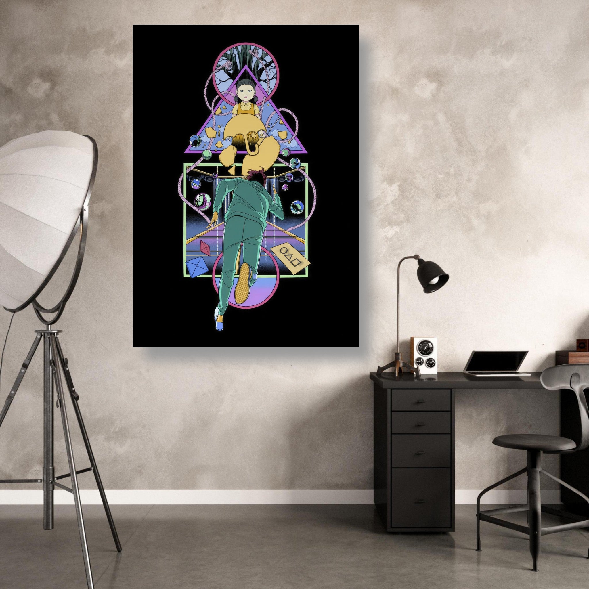 Doll Squid Game Metal Print featuring vibrant artwork on a sleek black background, perfect for home decor.