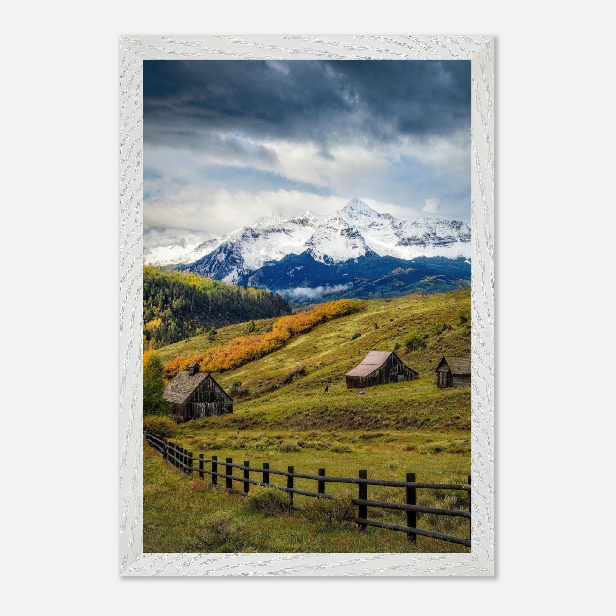 Framed Giclée fine art print of Telluride, Colorado, showcasing mountains, barns, and golden meadows under a dramatic sky.