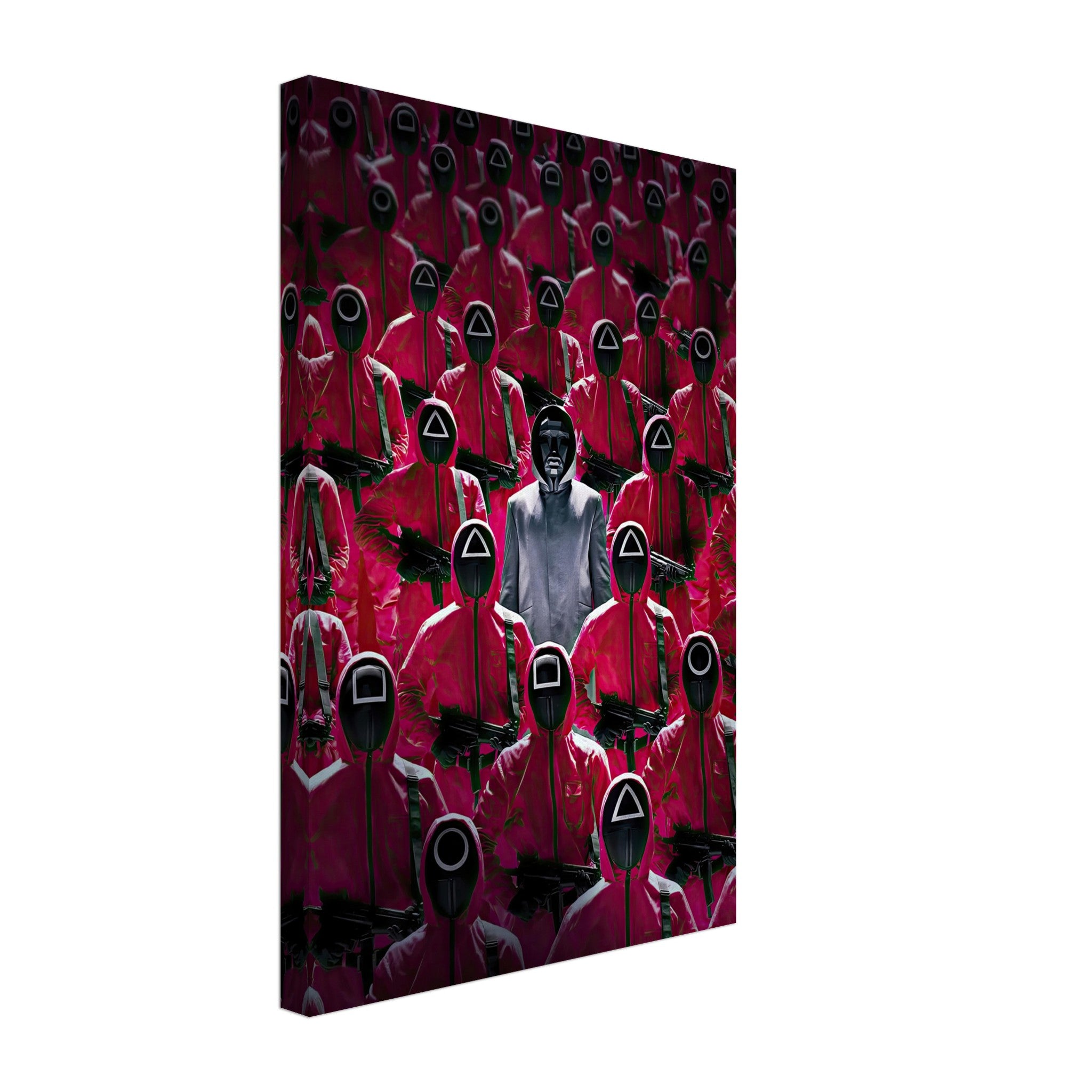 Squid Game Guards Canvas Print featuring eerie red guards and a central figure, perfect for fans of the iconic series.