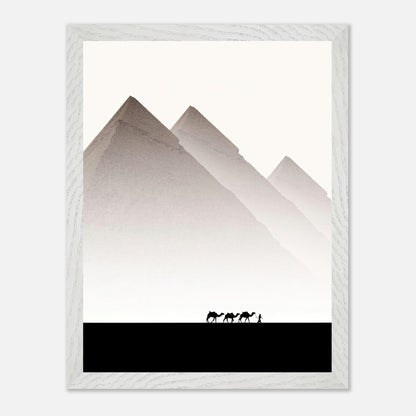 Framed travel photography of the Pyramids of Giza with camels against a soft, muted sky in a minimalist design.