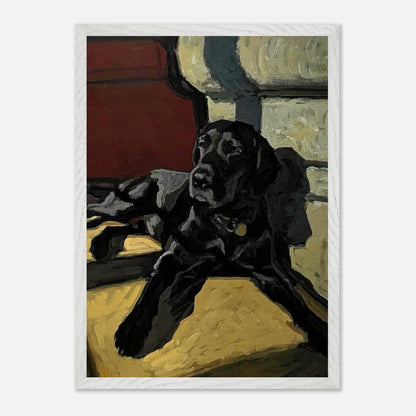 Black Labrador dog painting in vintage frame, showcasing a loyal dog basking in warm light.