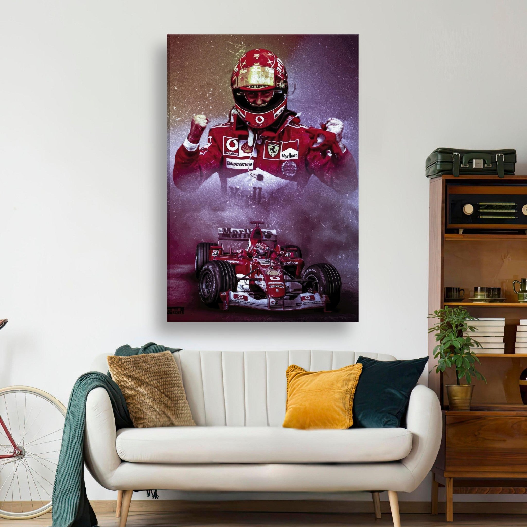 Canvas artwork of Michael Schumacher in Ferrari gear, showcasing his legendary Formula 1 career in a modern living space.