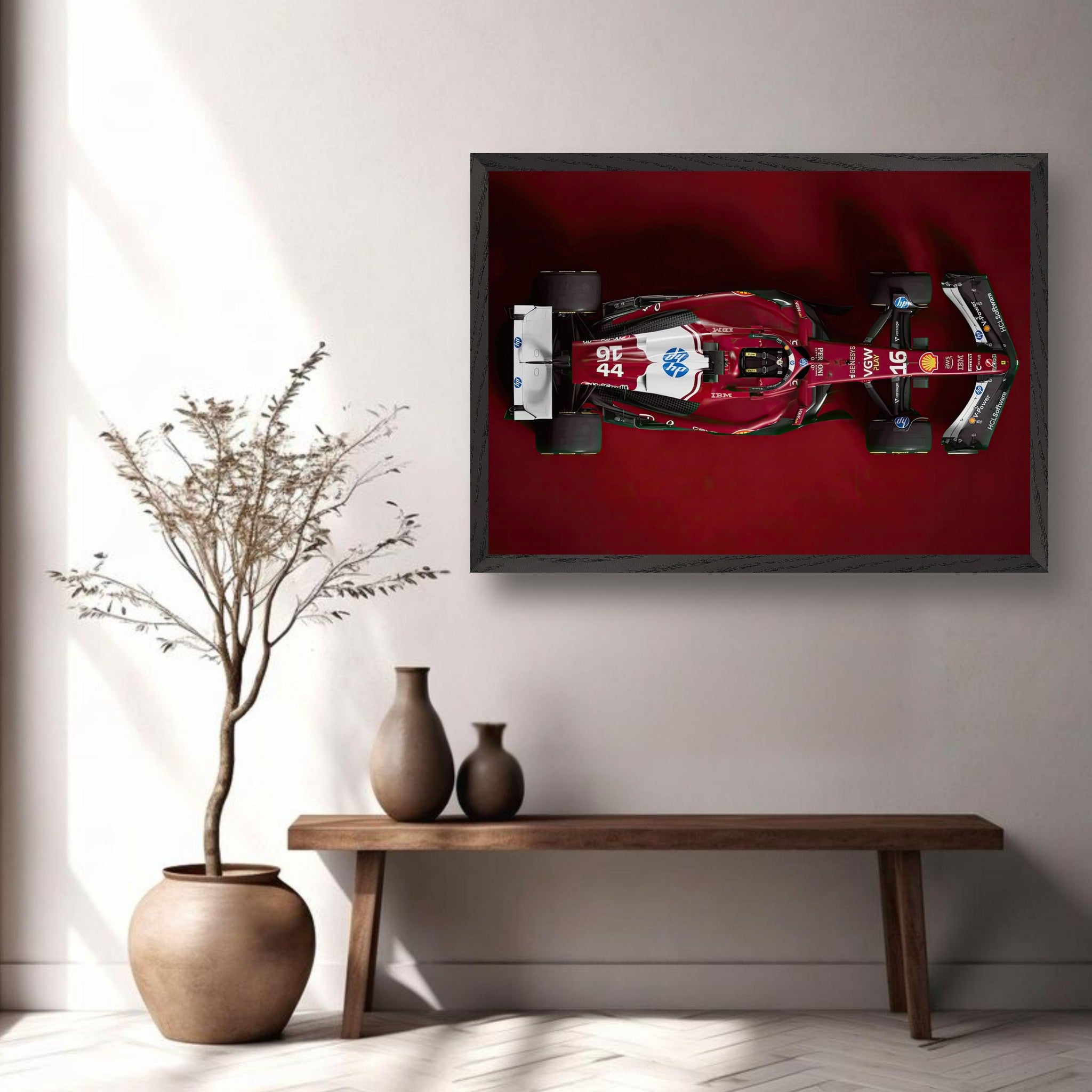 Ferrari F1 2025 Vintage Framed Art in a stylish interior, showcasing sleek red tones and aerodynamic design.
