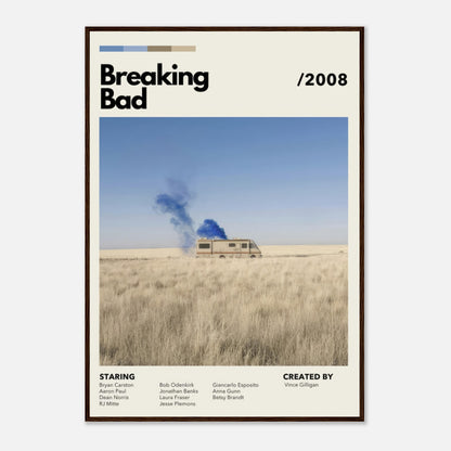 Framed print of Breaking Bad featuring a vintage RV in a desert landscape with blue smoke, highlighting iconic TV show scene.