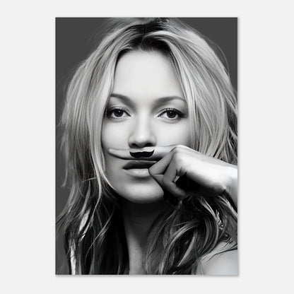 Kate Moss Mustache Poster featuring a stylish woman playfully holding a drawn mustache against her face.